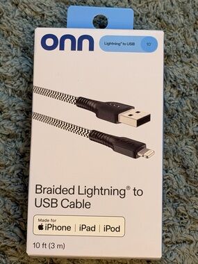 Never Never Opened Onn Braided Lightning to USB Cable - Black and White